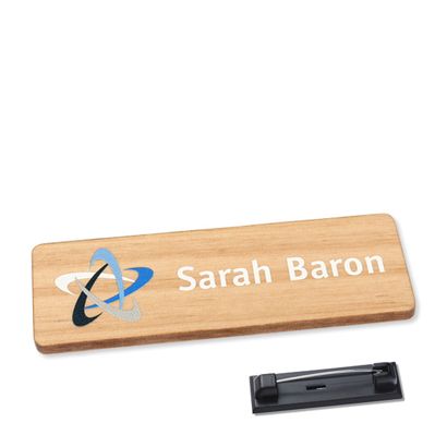 Namensschild aus Holz, timberline® "complete-print" 76,3 x 25 mm | Edelstahl-Rastnadel