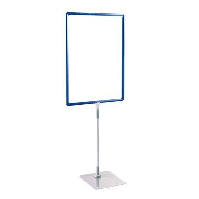 Plakatrahmen mit Standfuß und Halterung (Set) A3 Aluminiumstange verstellbar von 350 - 550 mm | blau | Standfläche: grau