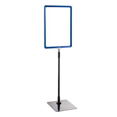 Plakatrahmen mit Standfuß und Halterung (Set) A4 Aluminiumstange verstellbar von 350 - 550 mm | blau | Standfläche: schwarz