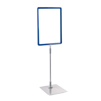 Plakatrahmen mit Standfuß und Halterung (Set) A4 Aluminiumstange verstellbar von 350 - 550 mm | blau | Standfläche: grau