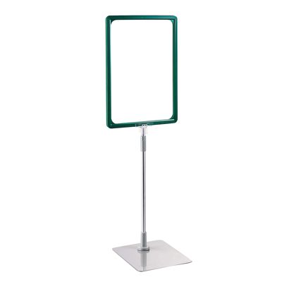 Plakatrahmen mit Standfuß und Halterung (Set) A4 Aluminiumstange verstellbar von 350 - 550 mm | grün | Standfläche: grau