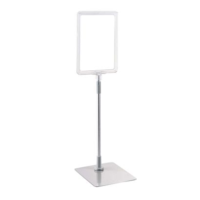 Plakatrahmen mit Standfuß und Halterung (Set) A5 Aluminiumstange verstellbar von 350 - 550 mm | transparent | Standfläche: grau