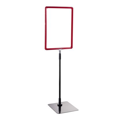 Plakatrahmen mit Standfuß und Halterung (Set) A5 Aluminiumstange verstellbar von 350 - 550 mm | rot | Standfläche: schwarz