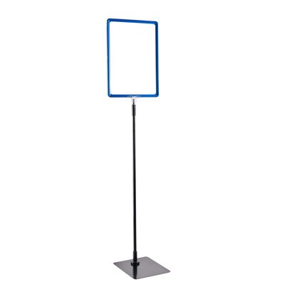 Plakatrahmen mit Standfuß und Halterung (Set) A4 Aluminiumstange verstellbar von 600 - 900 mm | blau | Standfläche: schwarz